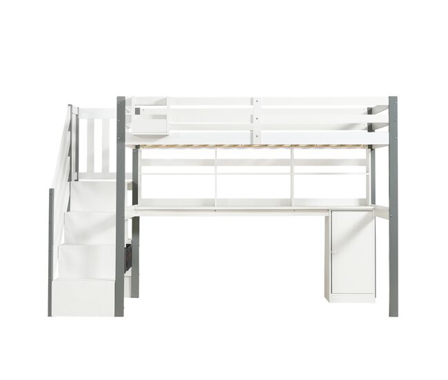 Cama semi-alta 90x200cm - com caixa de armazenamento em tecido, secretária com prateleiras e armários, escada lateral - branco+cinza