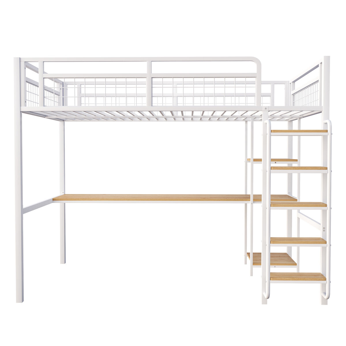Cama alta metálica 140x200 cm - com secretária e escada de segurança - branco