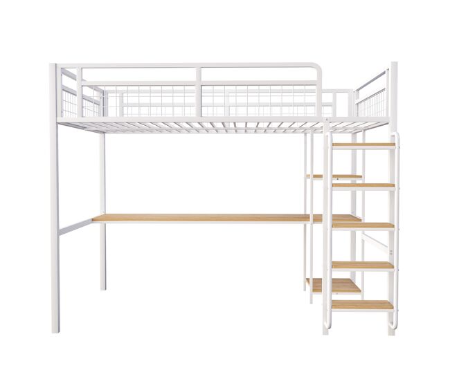 Cama alta metálica 140x200 cm - com secretária e escada de segurança - branco