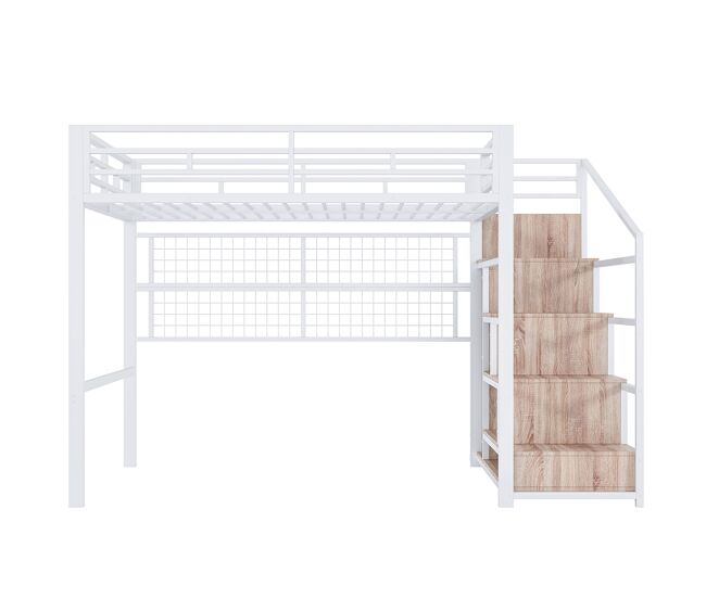 Cama alta 140x200cm - estrutura metálica, armário, escada com arrumação, grelha para pendurar objetos, espaço livre por baixo, luzes led multicoloridas - blanc