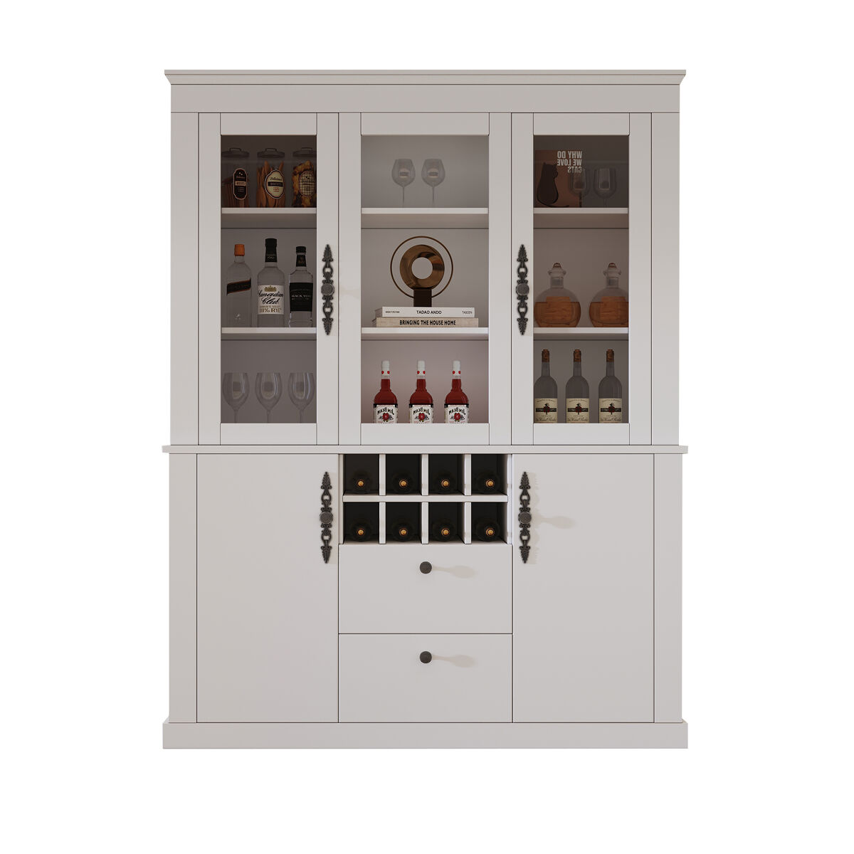 Vitrine 130x37,5x170,5 cm - 2 gavetas, 4 portas, led, 8 garrafeiras - branco
