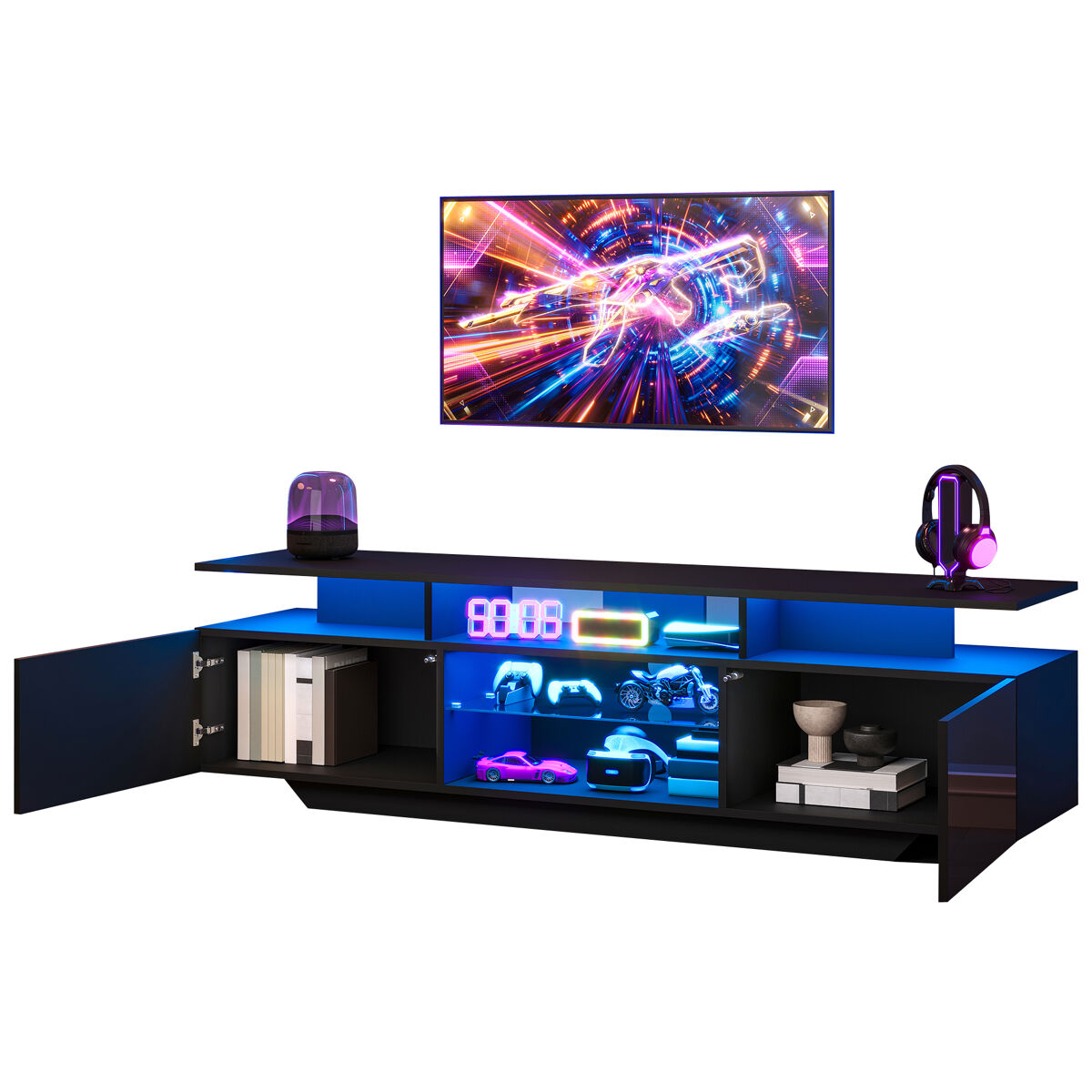 Móvel de tv 160 cm de mdf com 2 portas e luz led,preto