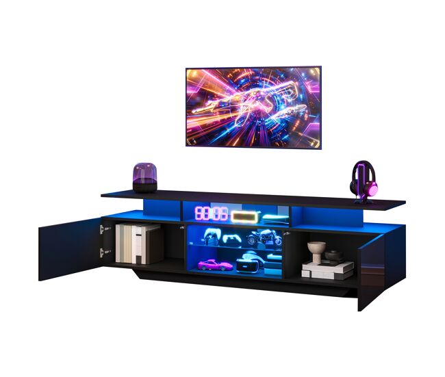 Móvel de tv 160 cm de mdf com 2 portas e luz led,preto