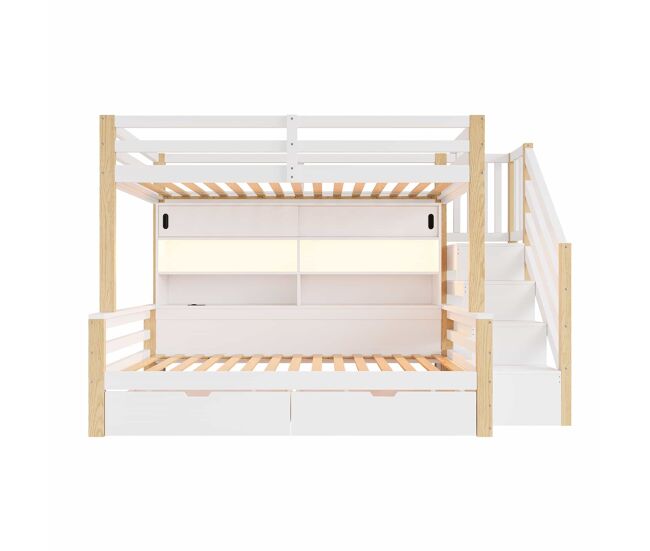 Beliche infantil 90 × 200 + 90 × 200 cm - madeira maciça, led, usb, escada com arrumação e porta de correr - branco e natural