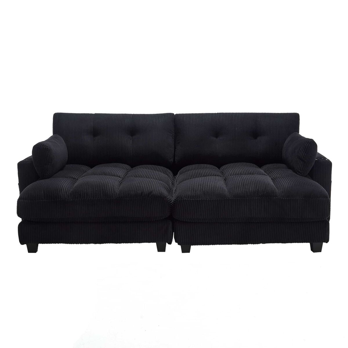 Sofá de 2 lugares - modular com 2 almofadas, 4 porta-copos, bolsos laterais e portas usb - preto
