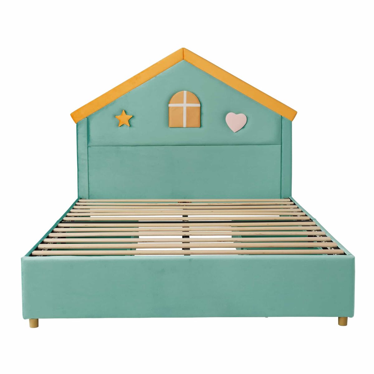 Cama infantil 140x200 cm - cama em forma de casinha estofada com 4 gavetas, espaço de arrumação e cabeceira almofadada em veludo francês - azul