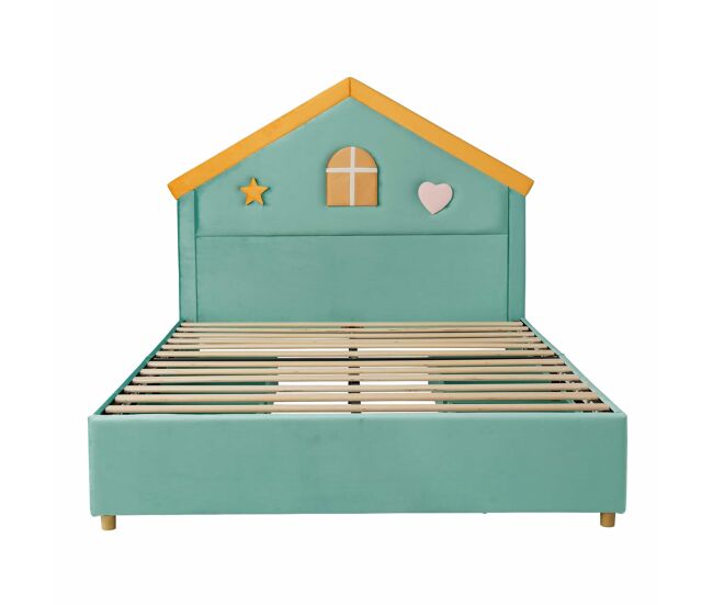 Cama infantil 140x200 cm - cama em forma de casinha estofada com 4 gavetas, espaço de arrumação e cabeceira almofadada em veludo francês - azul