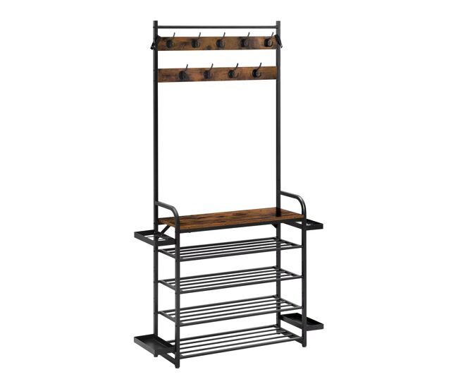 Cabideiro com prateleiras - design aberto e elegante para a entrada - preto e castanho rústico