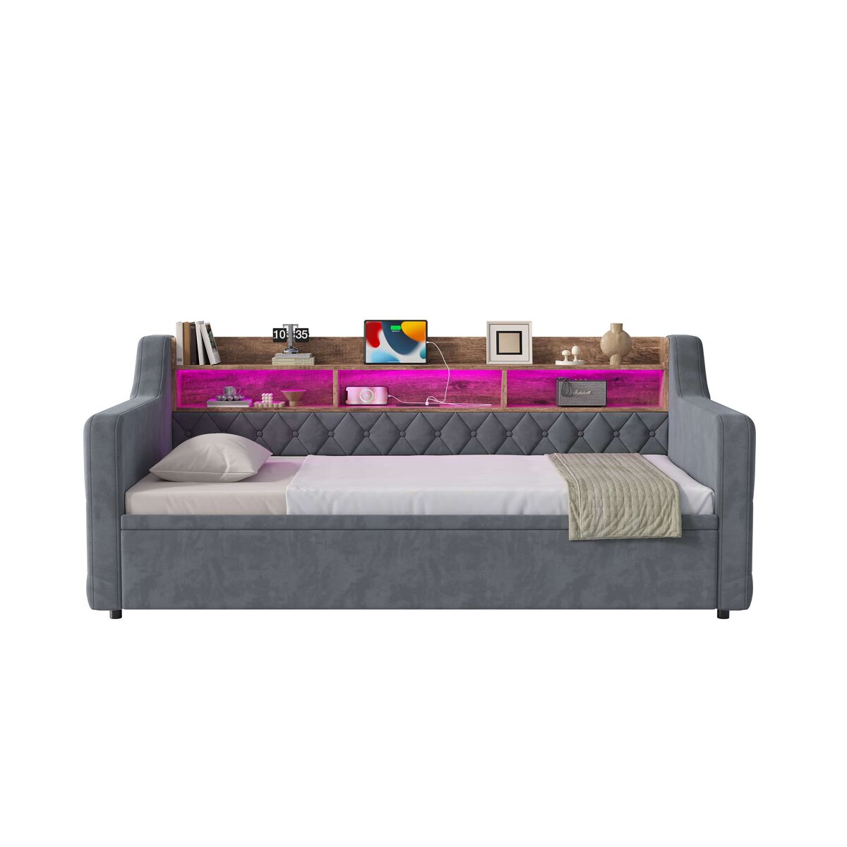 Sofá-cama 90 x 190 cm – cama extra extraível, veludo, espaço de arrumação, led, usb e type-c, com base de colchão – cinzento escuro
