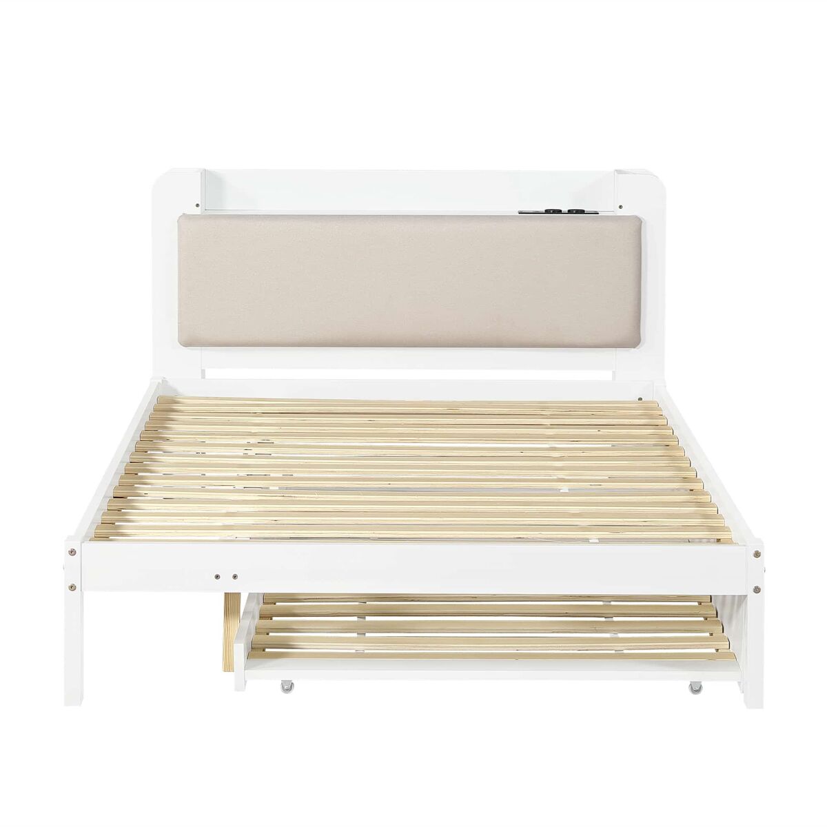 Cama funcional 120 x 200 cm com cama extraível 90 x 190 cm — cabeceira almofadada, prateleira, base de carregamento e arrumação aberta — branco