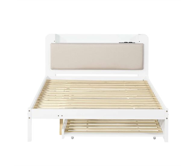 Cama funcional 120 x 200 cm com cama extraível 90 x 190 cm — cabeceira almofadada, prateleira, base de carregamento e arrumação aberta — branco
