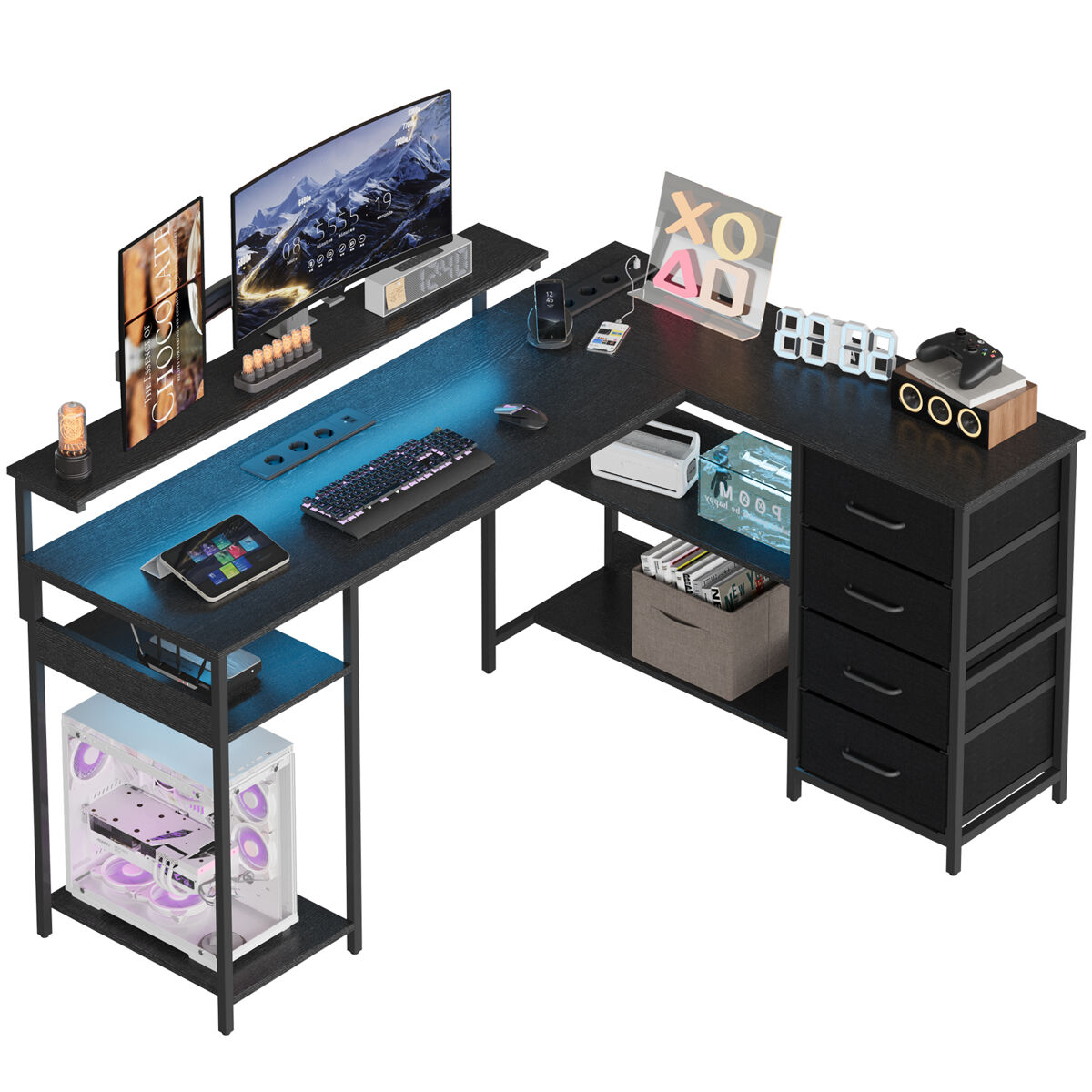 Mesa de escritório em l em madeira e metal preto com tomadas integradas, suporte para monitor, 4 gavetas e prateleiras de arrumação