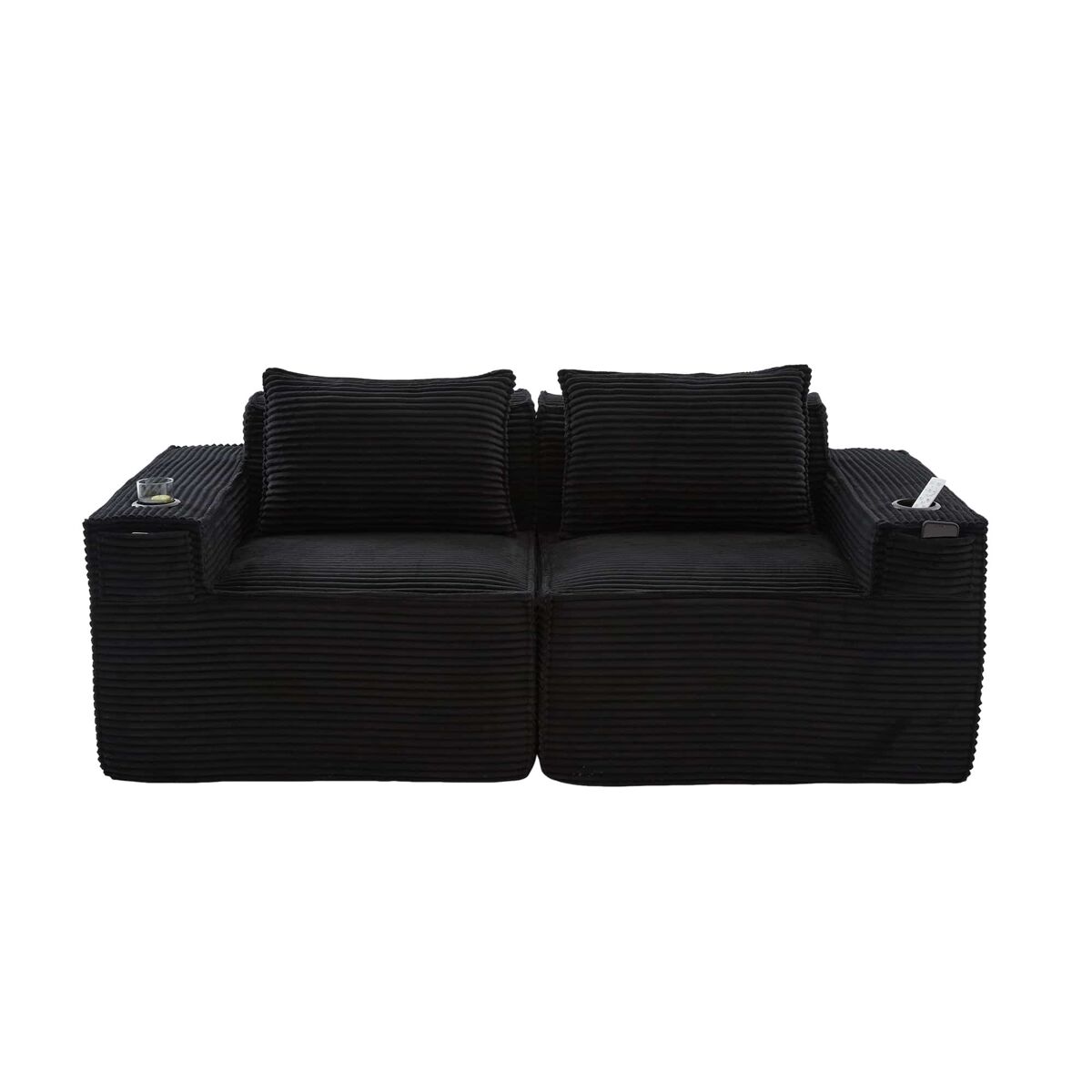 Sofá modular de 2 lugares - encosto com molas ensacadas, espuma de alta densidade, porta-copos e bolsos laterais - preto
