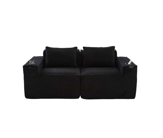 Sofá modular de 2 lugares - encosto com molas ensacadas, espuma de alta densidade, porta-copos e bolsos laterais - preto