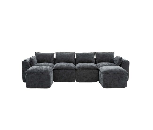 Sofá modular de 4 lugares - 2 apoios para os pés, porta-copos, bolsos laterais, espuma + molas, chenille cinzenta - cinzento escuro