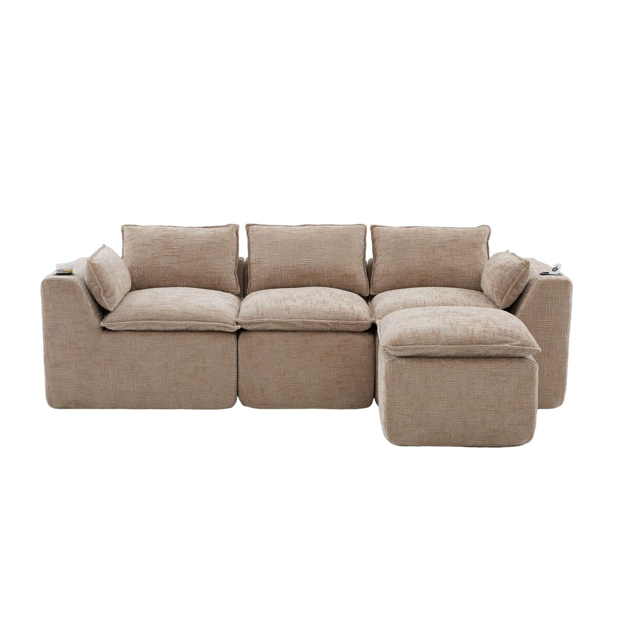 Sofá modular de 3 lugares + apoio para os pés - almofadas, porta-copos, bolsos laterais, espuma e molas - cáqui