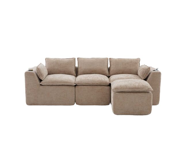 Sofá modular de 3 lugares + apoio para os pés - almofadas, porta-copos, bolsos laterais, espuma e molas - cáqui