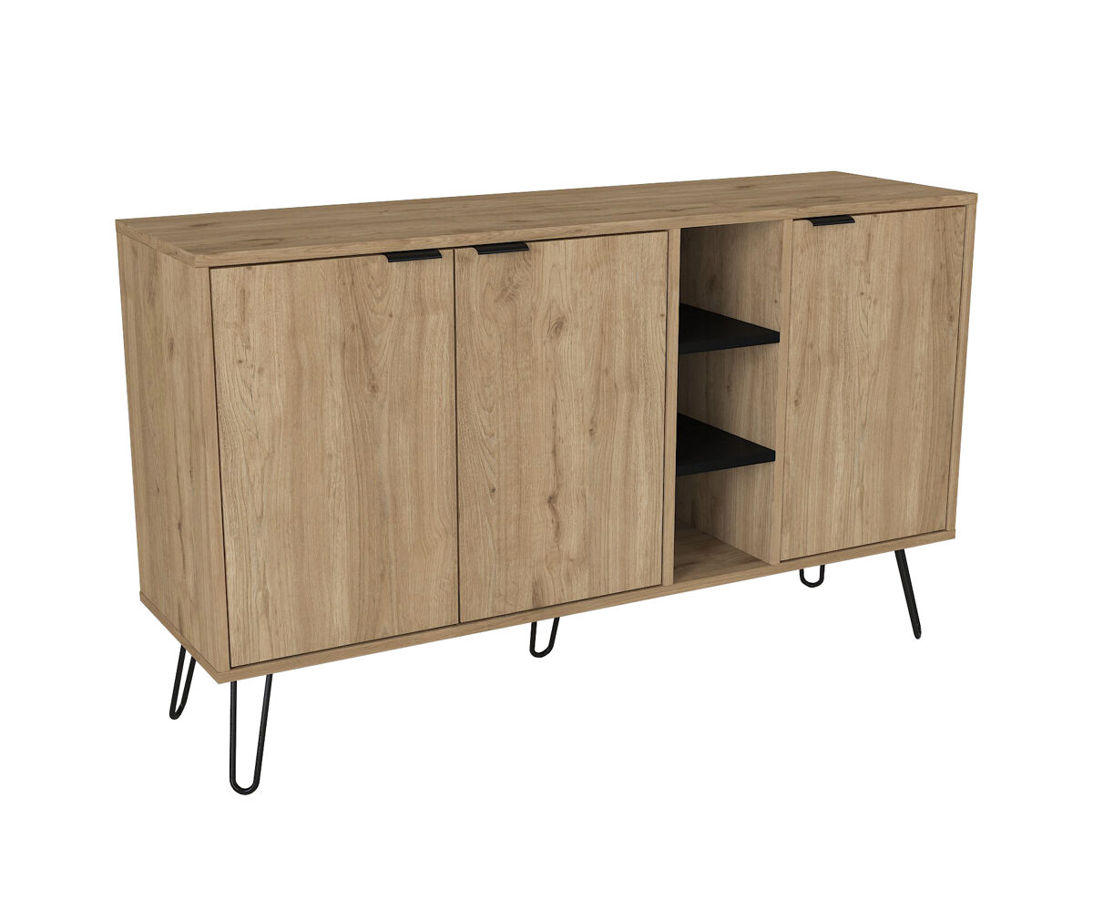 Consola de 140 cm com 3 portas e prateleiras, acabamento madeira, móvel de entrada e sala com arrumação aberta e fechada