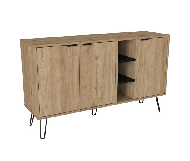 Consola de 140 cm com 3 portas e prateleiras, acabamento madeira, móvel de entrada e sala com arrumação aberta e fechada