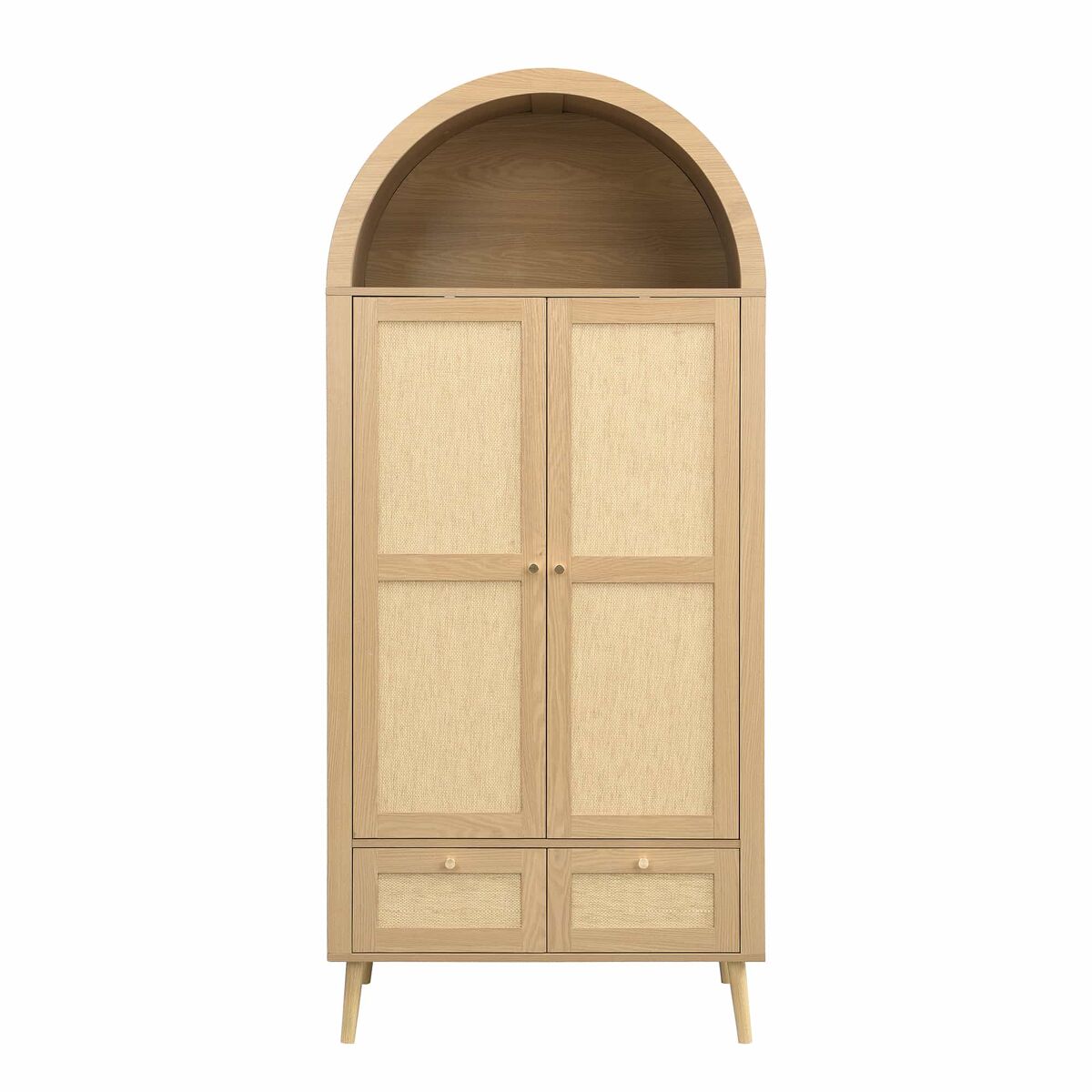 Roupeiro de 180 cm – 2 portas, 2 gavetas, varão, prateleira aberta e rattan arqueado – carvalho e bege