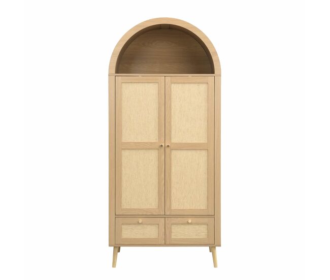 Roupeiro de 180 cm – 2 portas, 2 gavetas, varão, prateleira aberta e rattan arqueado – carvalho e bege