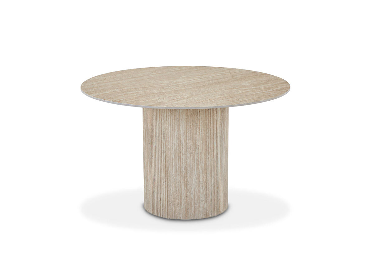 Mesa redonda petra com efeito mármore, 120 cm. para sala de jantar ou cozinha, cambria.