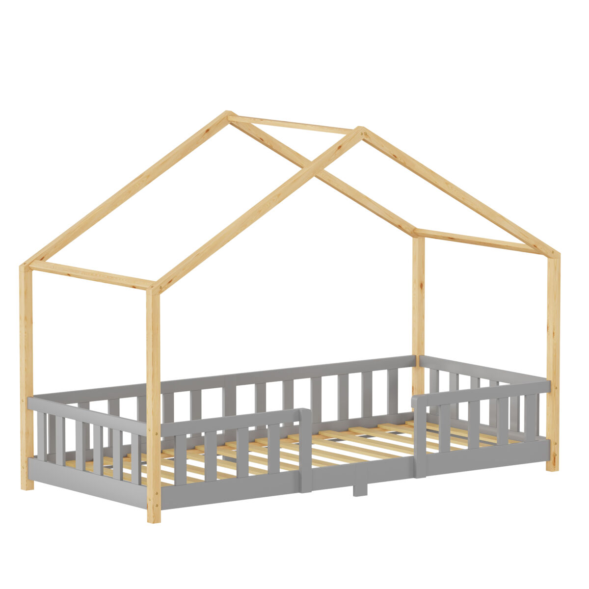 Cama de criança treviolo forma de casa pinho 90x200 cm cinzento claro / natural [en.casa]