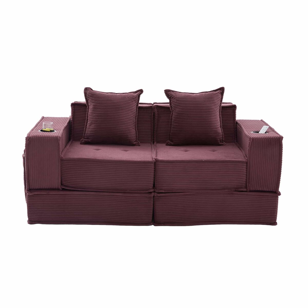 Sofá-cama duplo de 2 lugares — com almofadas, otomana com espaço de arrumação e porta-copos, ideal para leitura e sala de jogos, tecido de veludo