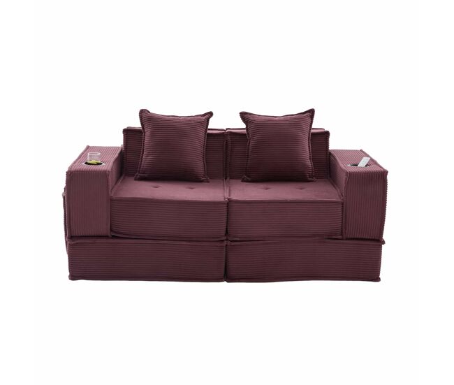Sofá-cama duplo de 2 lugares — com almofadas, otomana com espaço de arrumação e porta-copos, ideal para leitura e sala de jogos, tecido de veludo