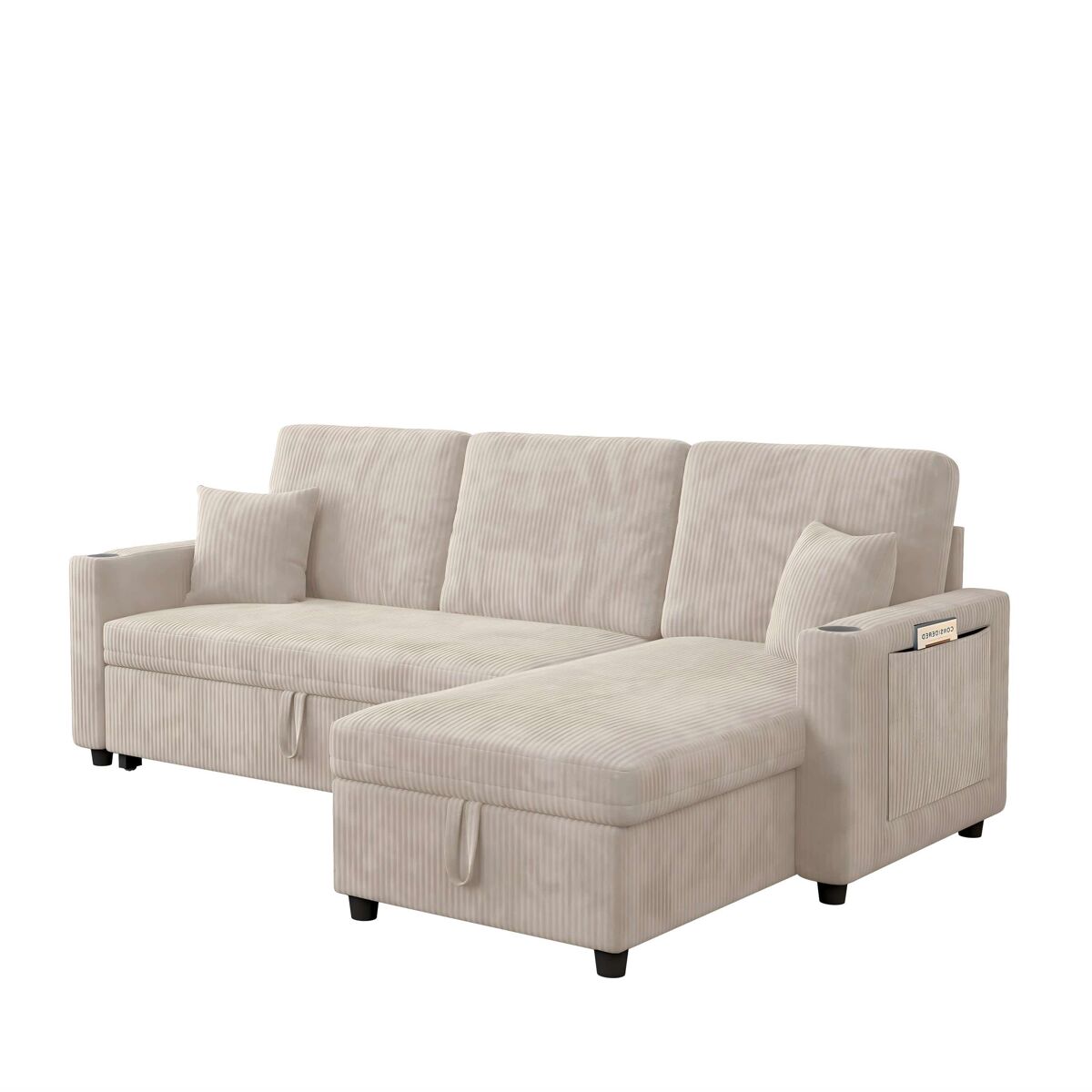 Sofá-cama de canto de 3 lugares - modular com chaise longue, espaçoso, transformável com arrumação - bege