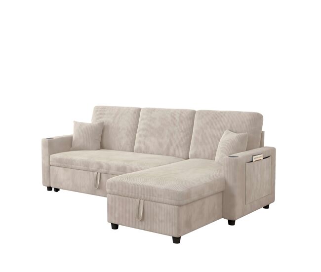 Sofá-cama de canto de 3 lugares - modular com chaise longue, espaçoso, transformável com arrumação - bege