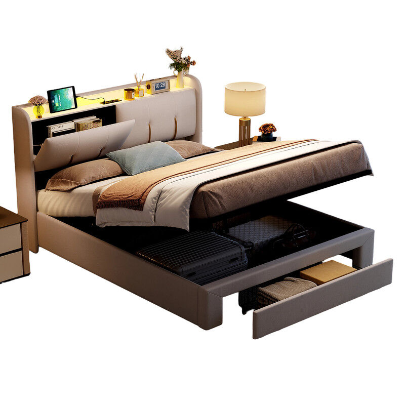 Cama de 140x200cm com porta usb, gavetas, espaço para arrumação, cama de casal/adolescente, led, veludo, beige
