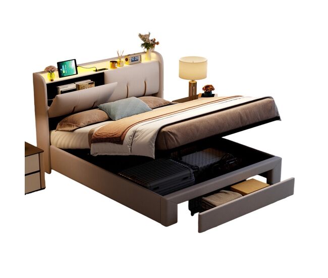 Cama de 140x200cm com porta usb, gavetas, espaço para arrumação, cama de casal/adolescente, led, veludo, beige