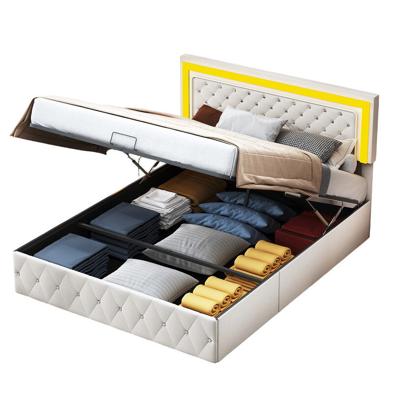Cama de casal, 160x200 cm, led, adequada para quartos e salas, cor beige. veludo, sistema de elevação a gás (hidráulico).