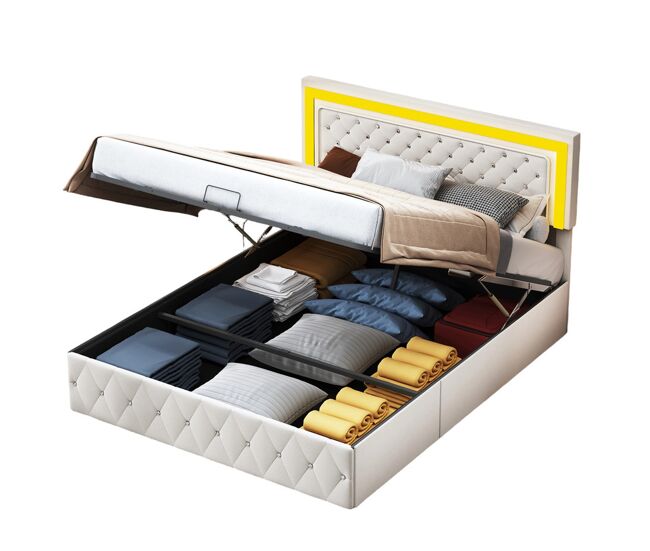 Cama de casal, 160x200 cm, led, adequada para quartos e salas, cor beige. veludo, sistema de elevação a gás (hidráulico).