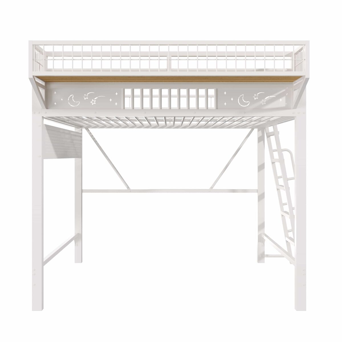 Cama alta 140 x 200 cm - estrutura metálica, compartimentos e espaço inferior aberto, sem colchão - branco
