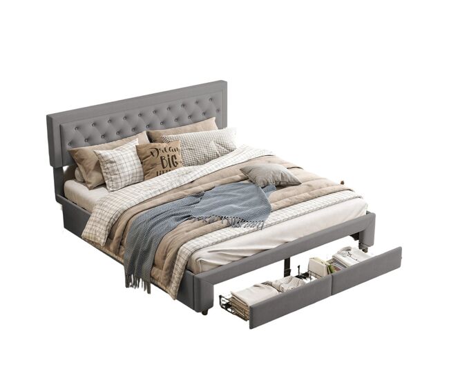Cama de casal (180 x 200 cm), cama com baú, acabamento em veludo, com gavetas. cinza.