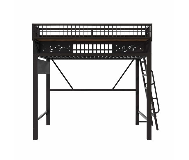 Cama alta 90 x 200 cm – estrutura metálica, arrumação e espaço aberto por baixo, sem colchão – preta