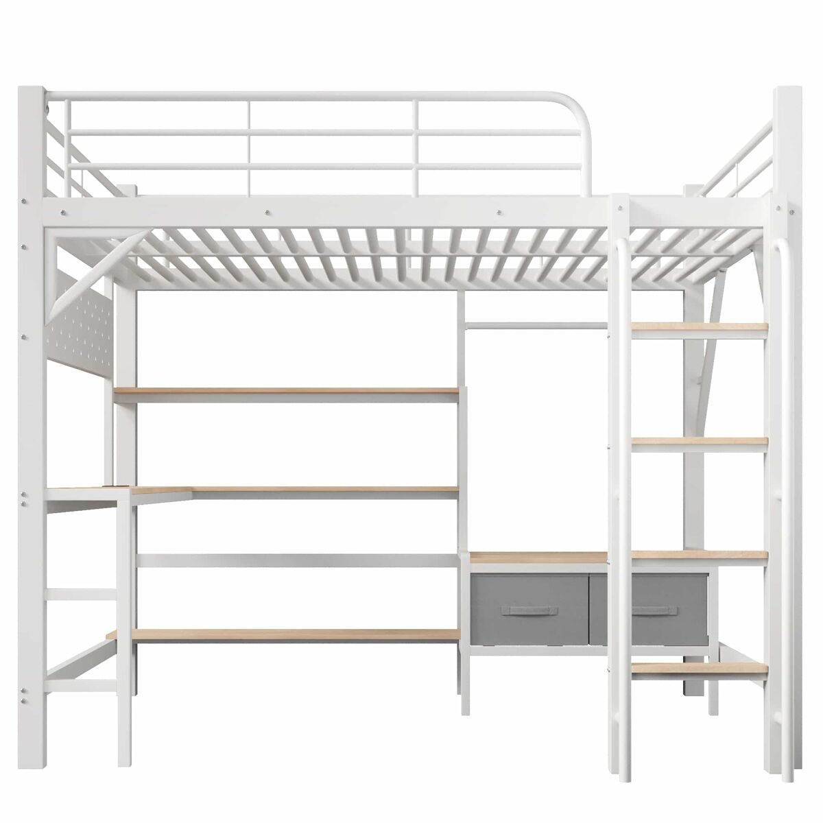 Cama alta 140 × 200 cm – secretária, prateleiras, gavetas, usb e led, sem colchão – branco
