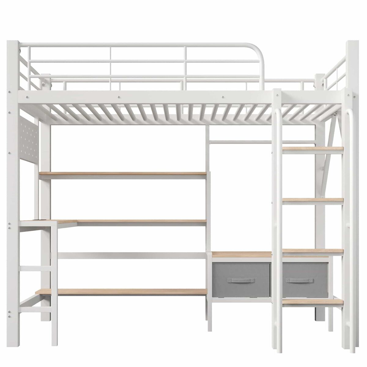Cama alta 90 x 200 cm – secretária, prateleiras, gavetas, usb e led, sem colchão – branco