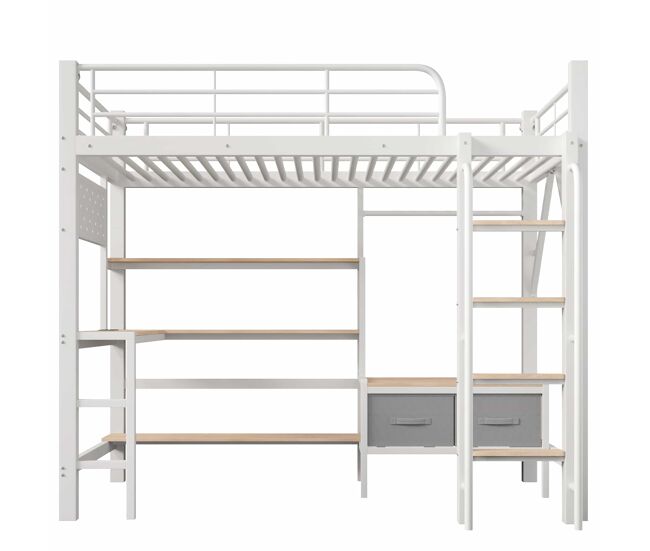 Cama alta 90 x 200 cm – secretária, prateleiras, gavetas, usb e led, sem colchão – branco