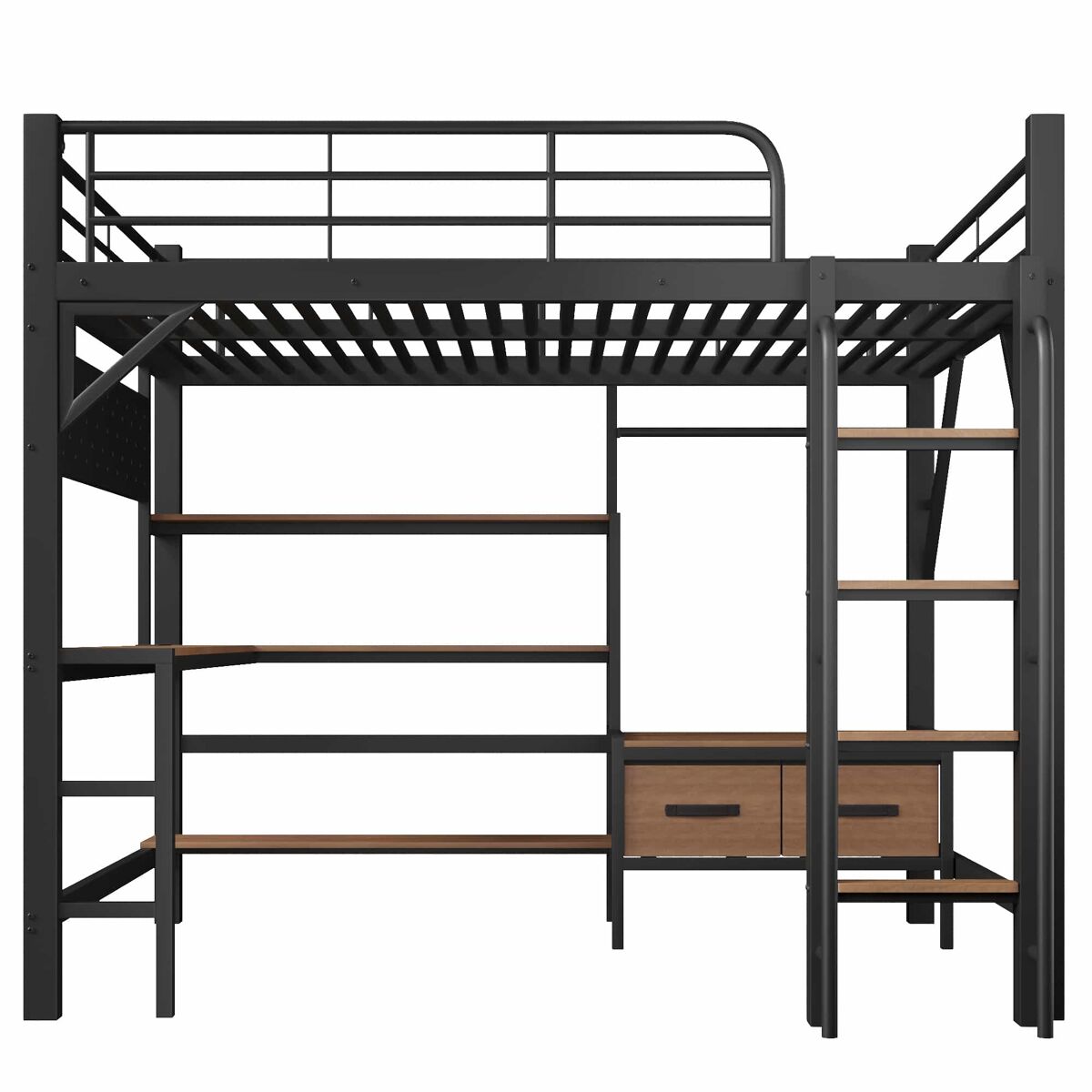 Cama alta 140 x 200 cm – secretária, prateleiras, gavetas, usb e led, sem colchão – preta