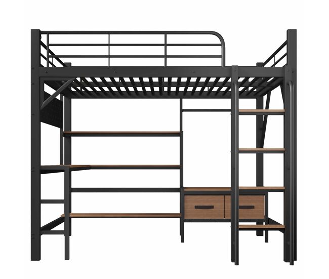 Cama alta 140 x 200 cm – secretária, prateleiras, gavetas, usb e led, sem colchão – preta