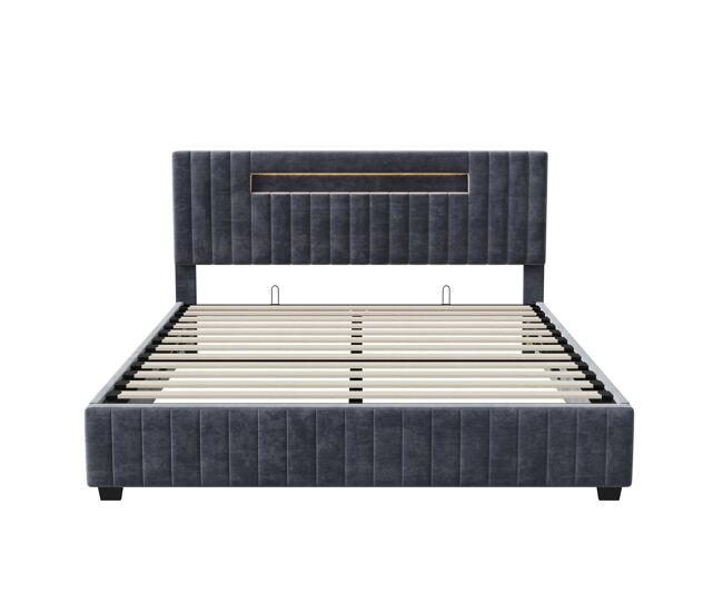 Cama de casal 160×200 cm —, com função de arrumação, led, cama de casal confortável adequada para quarto ou quarto de hóspedes, cinzento