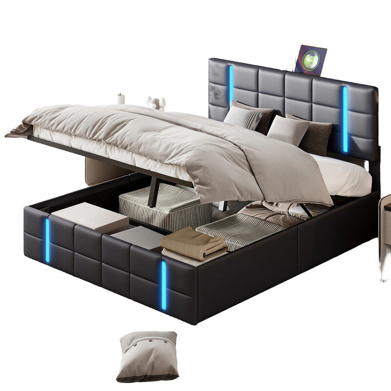 Cama de casal 160x200cm, led, usb tipo-c, cama com arrumação, cama funcional
