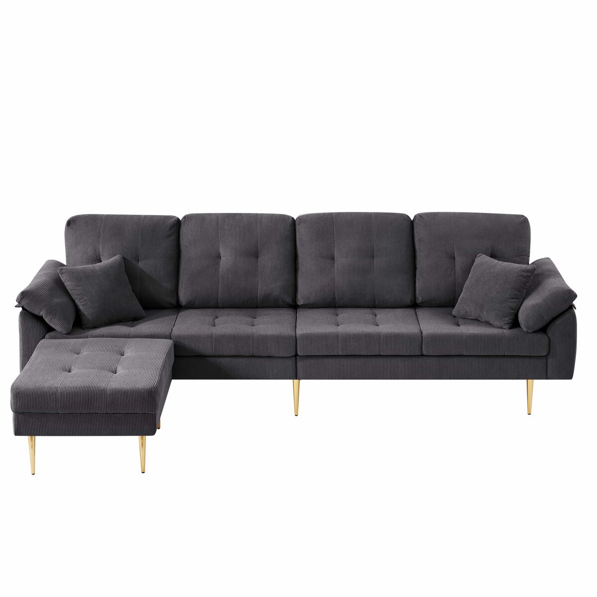 Sofá modular de 4 lugares, 250 cm – veludo cotelê com pufe flexível e pés metálicos – cinzento escuro