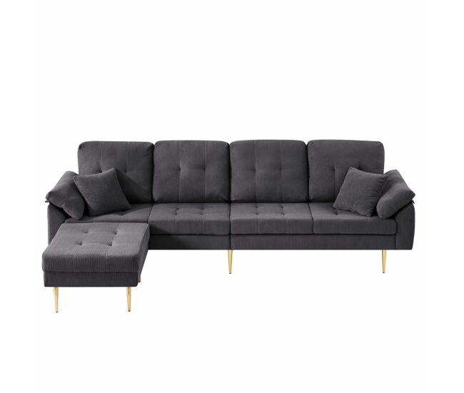 Sofá modular de 4 lugares, 250 cm – veludo cotelê com pufe flexível e pés metálicos – cinzento escuro