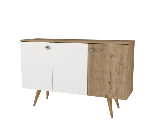 Móvel de entrada de 120 cm com 3 portas, acabamento bicolor branco e madeira, móvel de hall e corredor com arrumação fechada