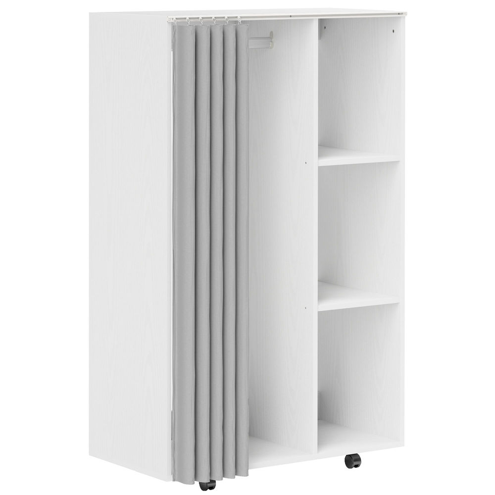 Homcom roupeiro com rodas e cortina, barra para pendurar roupa, 3 prateleiras abertas, para quarto, 80x40x128 cm, branco