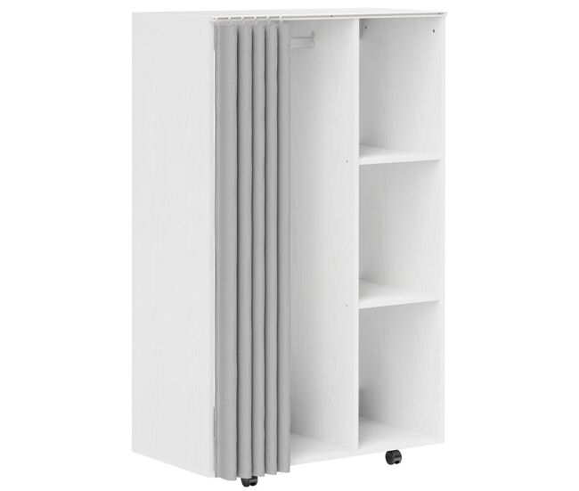 Homcom roupeiro com rodas e cortina, barra para pendurar roupa, 3 prateleiras abertas, para quarto, 80x40x128 cm, branco